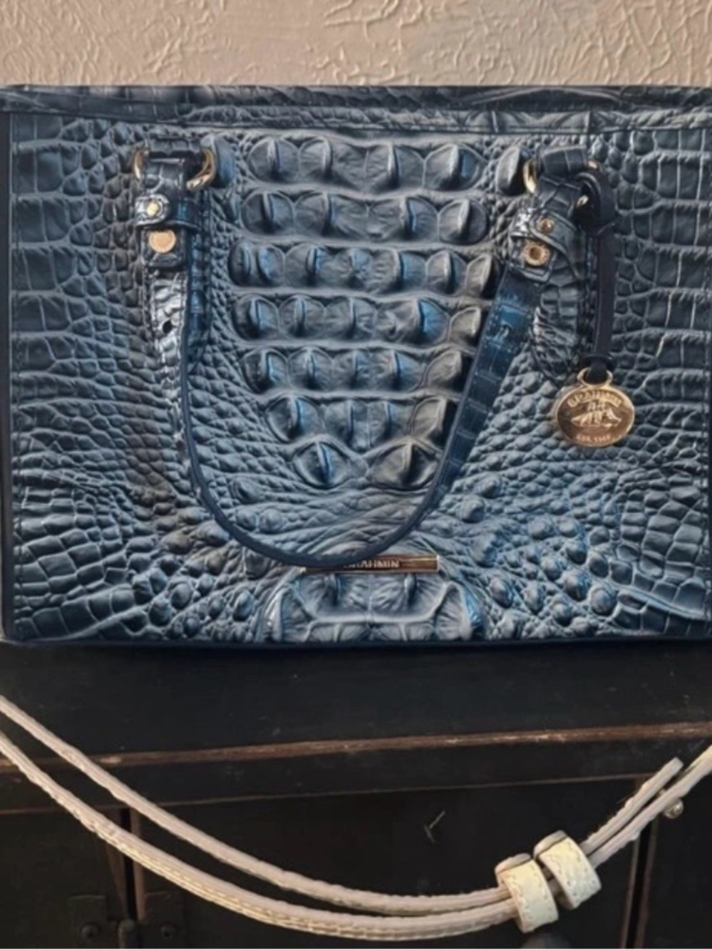 Brahmin Navy Croc-Embossed Leather Tote with Gold Charm